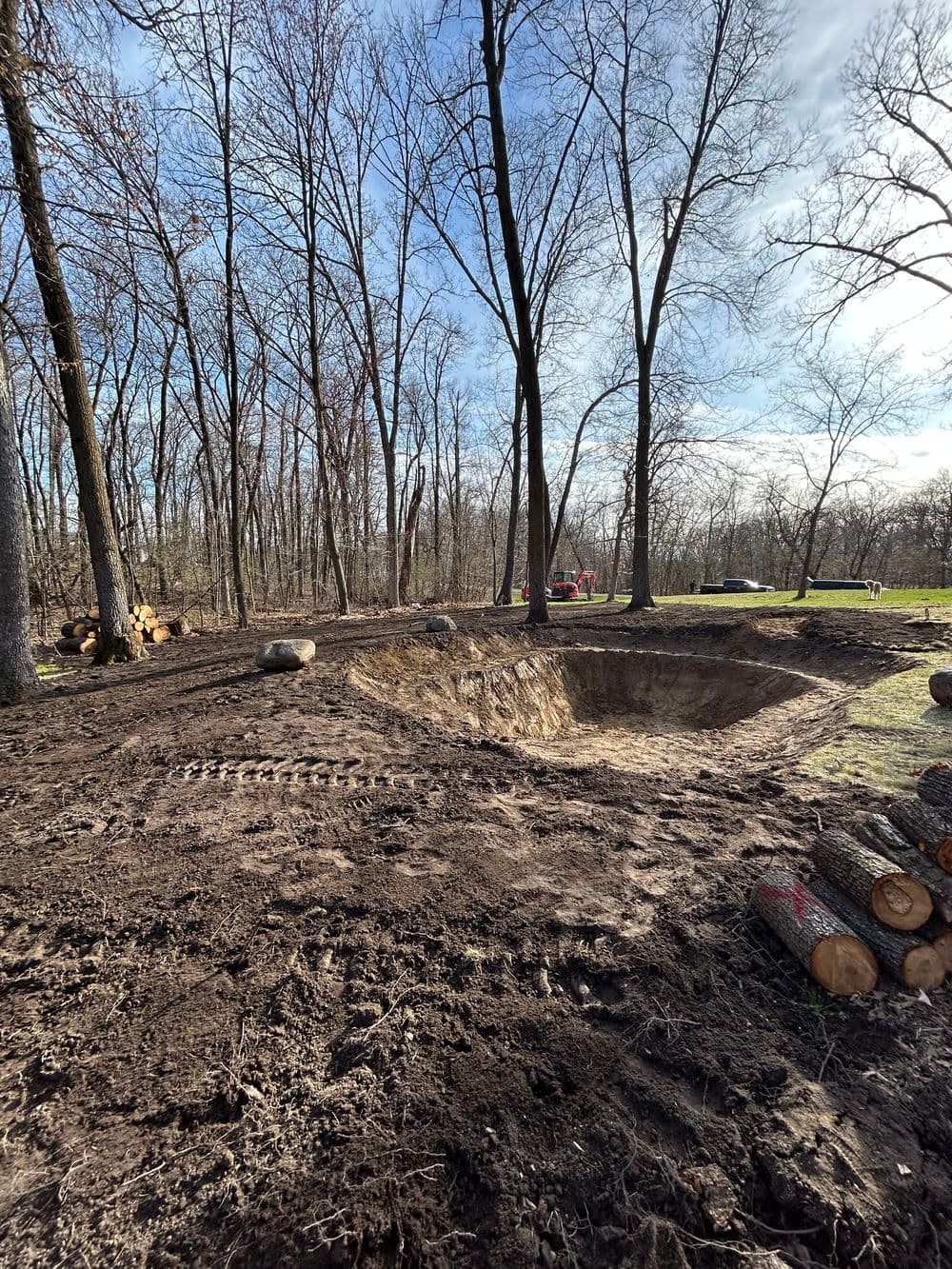 Excavated area in a forest with trees, logs, and cloudy sky in the background.