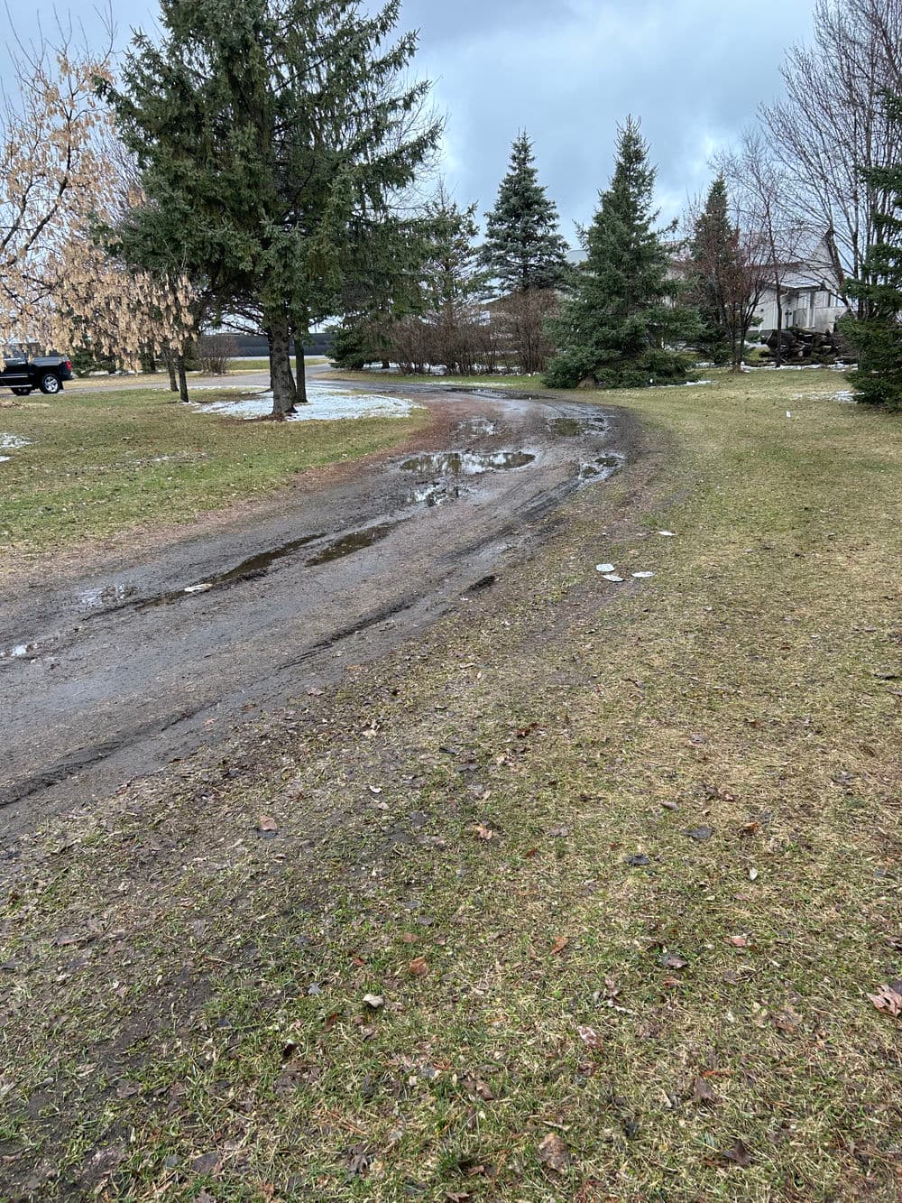 Muddy driveway in a residential area with trees and patches of snow. Cloudy sky above.